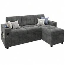 84" L-Shaped Sleeper Sofa Bed With Pull-Out Mattress, Modern Sectional Couch W/Dual Storage Armrests, 2 Cup Holders, Side Pockets, Space Saving Convertible Design, Breathable Fabric - Dark Gray - View 1