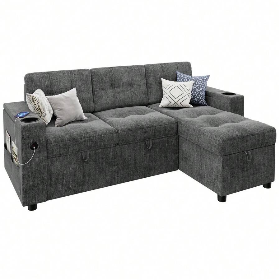 84" L-Shaped Sleeper Sofa Bed With Pull-Out Mattress, Modern Sectional Couch W/Dual Storage Armrests, 2 Cup Holders, Side Pockets, Space Saving Convertible Design, Breathable Fabric - Dark Gray - View 1