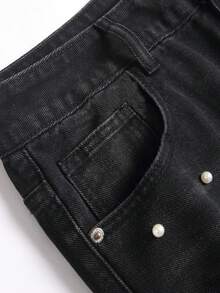 Men's Faux Pearl Pocket Straight Leg Jeans - Black - View 4