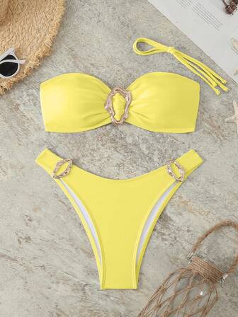 New Solid Strapless Metal Decor Detachable Strap 2 Pieces Bikini Set