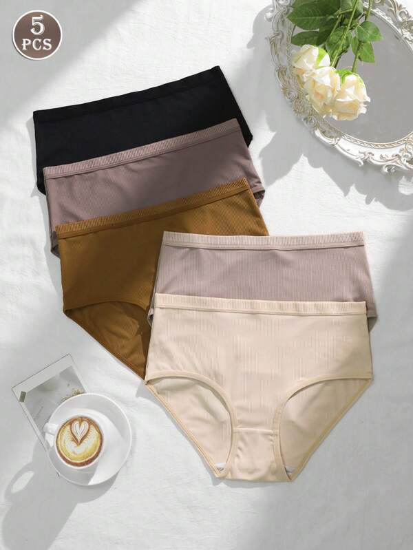 5 pezzi Biancheria intima casual e comoda da donna a vita alta senza cuciture, motivo a righe minimalista