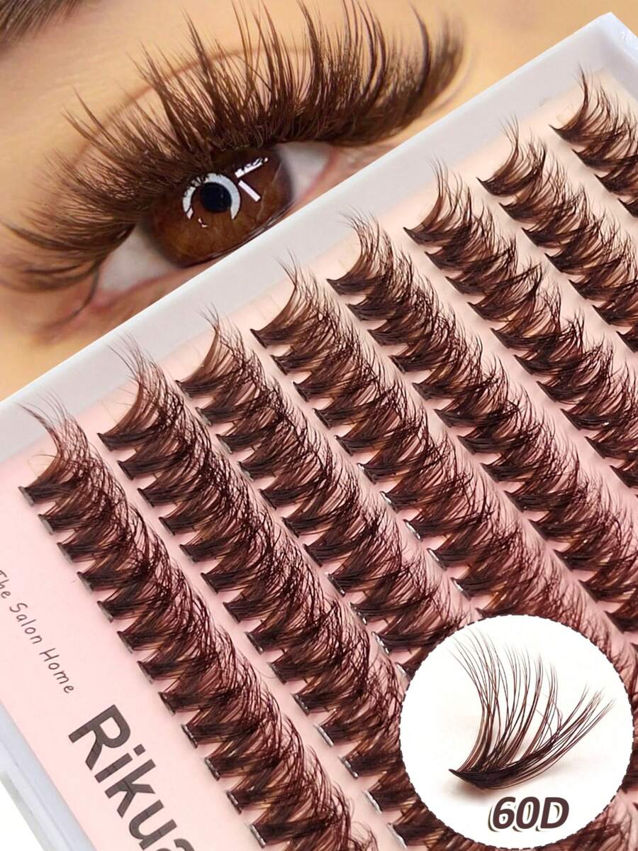 Rikuaild 60D Brown Cluster False Eyelashes, 160pcs, D Curl, 9-16mm, Delicate Individual Lashes, Natural Look, Fluffy Cluster Lashes, DIY Brown Eyelash Extensions Makeup - D - View 1