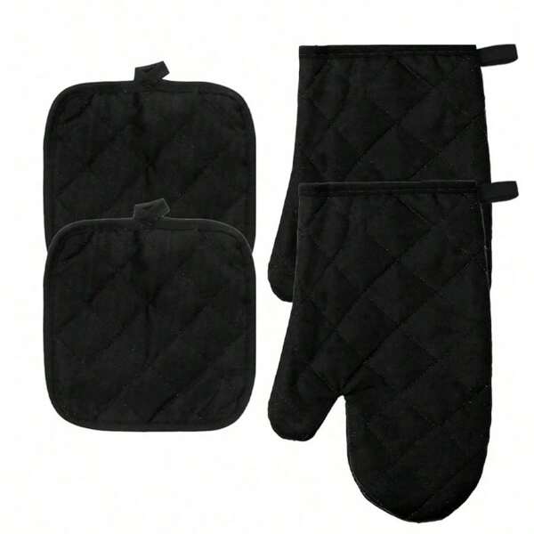 Juego de 4 piezas de guantes de horno y alfombrilla aislante de unicolor para el hogar. Guantes resistentes al calor para hornear y cocinar, guantes resistentes al calor para horno de microondas y alfombrilla para ollas