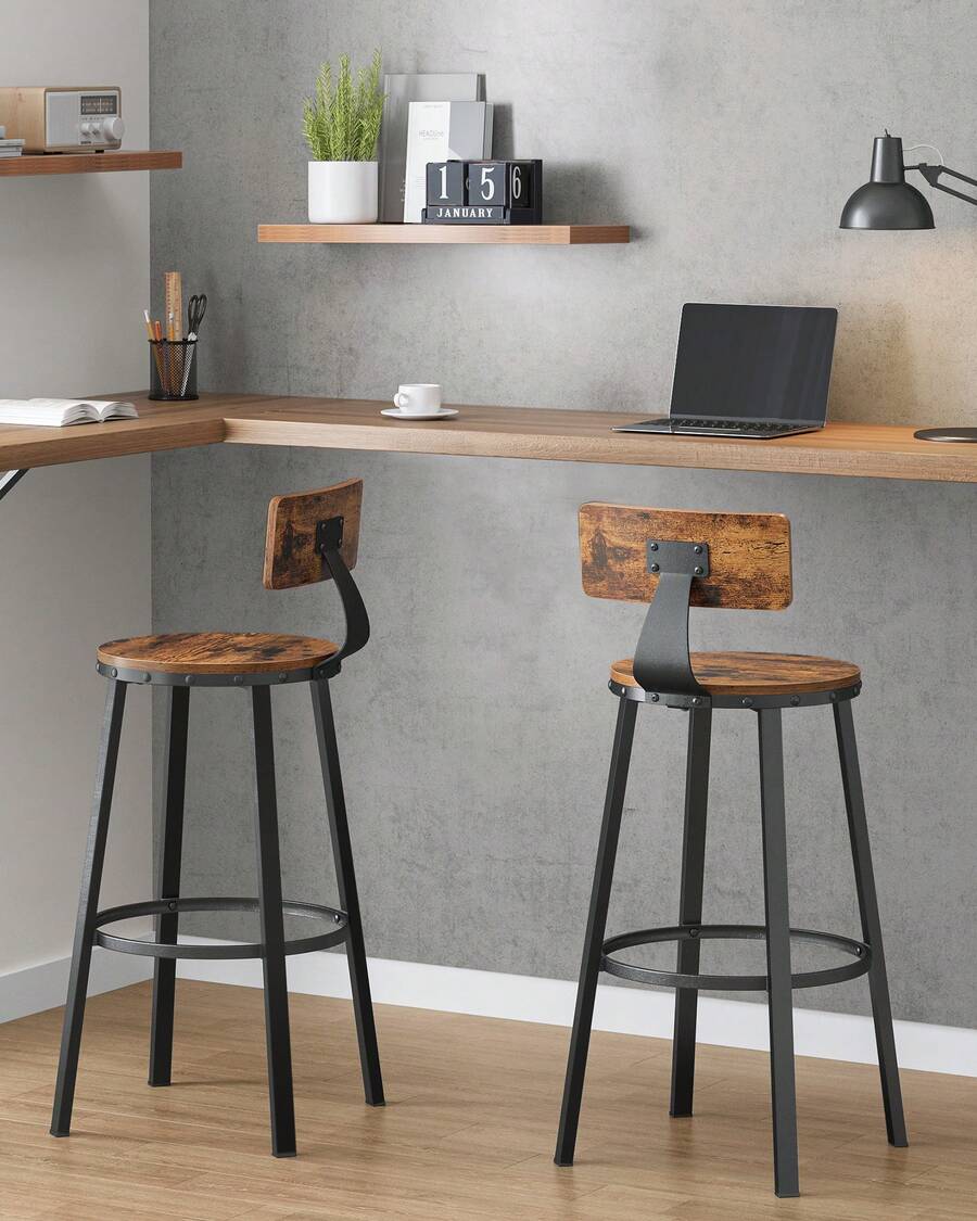 Tabouret Bar Industriel, Lot de 2, Chaises Bar Cuisine, Cadre en Acier, Siège de 63 cm/ 73,5 cm de Haut, Montage Facile, Style Industriel, Marron Rustique et Noir - Marron + Noir - Voir 1