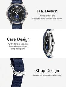 Versace Quartz Wrist Watch For Men, Business Chic Blue Leather Adjustable Strap Watch With Vertical Stripe Dial And Siliver Stainless Steel Case,VEBQ01018 - Navy Blue - View 5