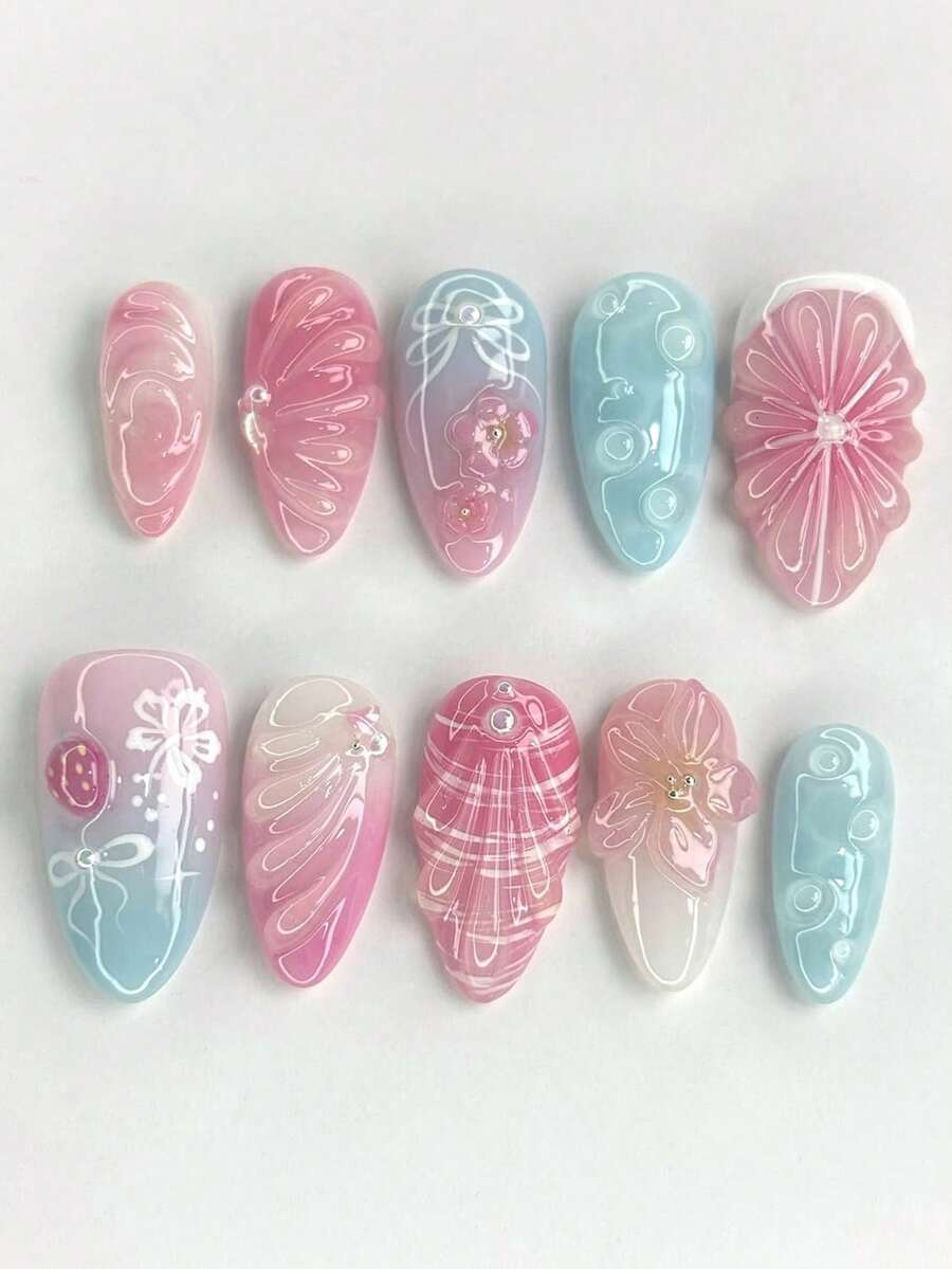 10 buc unghii false în formă de migdală, lucrate manual, albastru și roz ombre, floral, picătură de apă, căpșuni, perlă artificială, set detașabil pentru unghii proaspete, reutilizabile cu 1 buc lipici jeleu și 1 buc pilă de unghii, presă pe unghii, consumabile pentru unghii