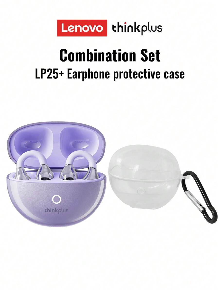Lenovo LP25 Bluetooth Earphones With Transparent Protective Case, Earhook Style Sports Earbuds, Bluetooth 5.4, ENC Call Noise Cancellation, Long Battery Life, Smart Touch Control, Open-Fit Wireless Headphones Compatible With Apple & Android Tablets