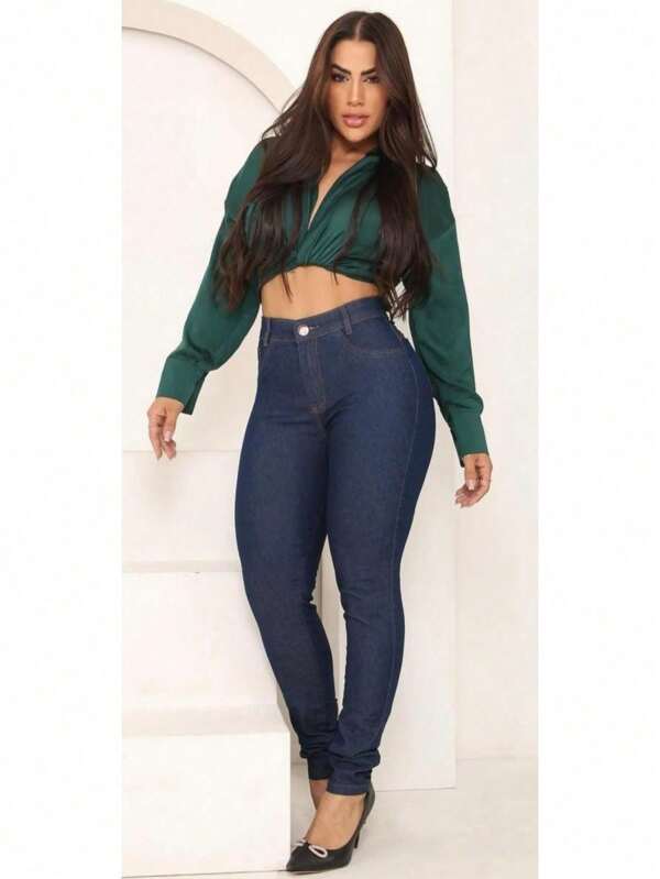 Calça Jeans Feminina Cintura Alta Skinny Empina Bumbum Com Elastano