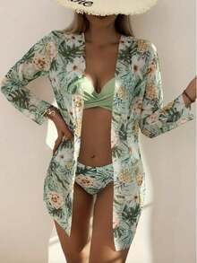 Tropical Print 3 Piece Bikini Set, V Neck Ruched High Cut With Long Sleeves Cover Up Shirt Swimsuits, Women's Swimwear & Clothing For Holiday,Tropical Print Beach Cover Up Set Halter Triangle Bikini Swimsuit With Kimono Beach,Plant Print Push Up Bandeau Bikini Set,3 Piece Set,Summer Beach - 綠色 - 查看 3