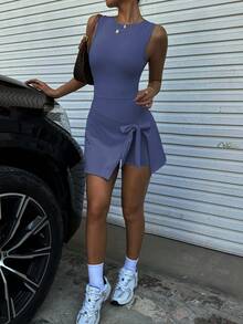 FWH 清凉夏日风格，修身显瘦，贴身廓形，拉长腿部线条，提升曲线美，自信覆盖，巧妙的背部镂空设计，内置防滑衬里，适合办公室和健身房穿着，优雅的无袖运动连衣裙，背部细节设计，夏日微风复古瑜伽两件套女装 - 彩色 - 查看 8