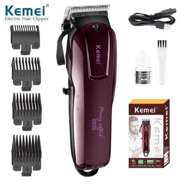 Kemei Recortadora de pelo profesional para hombres KM-2600 - Cortadora inalámbrica para barberos para corte y arreglo del cabello. Kit recargable de recortadora para uso doméstico (Rojo)