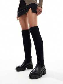 RevReaL Black Ribbed Over-The-Knee Platform Boots - Black - View 3
