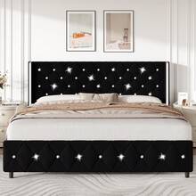 Queen Bed Frame With Headboard, Velvet Upholstered Bed With Wingback And Diamond Tufted Design, Wood Slat Support,  Modern Bed Frame, Twin Bed Frames/ Full Size Bed Frame/ Queen Bed Frame/ King Size Bed Frame Black/Pink/White/Blue/Green/Purle - 黑色 - 查看 12