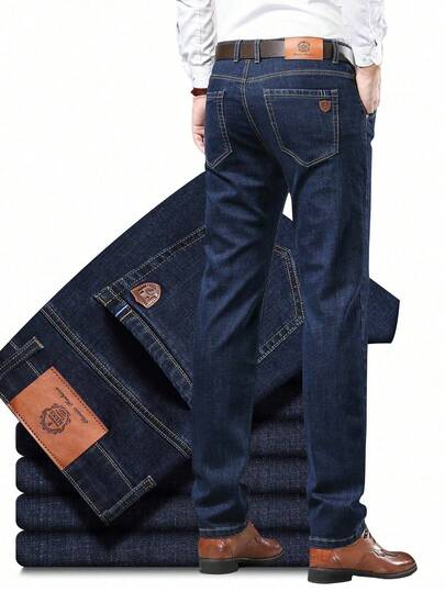 Herrjeans med smala, raka ben och casual stretch, sneda fickor, mångsidiga för vardagsbruk