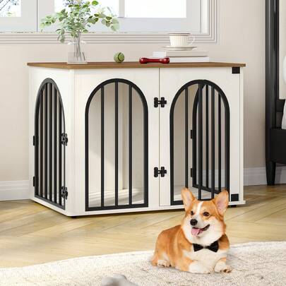 Hzuaneri Dog Crate Furniture, 80 Cm Wooden Dog Crate, Indoor Kennel For Small/Medium Dogs, End Side Table Animal Crates, Anti-Chew, Anti-Escape, Arched Door Design, White Brown