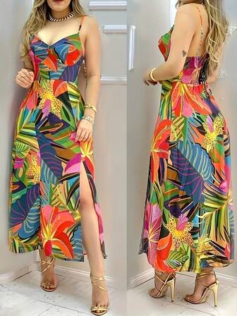 夏季长款热带印花优雅波西米亚风休闲低胸高开衩沙滩罩衫