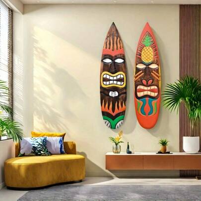 1-2 Stücke Tiki Kürbis und Flamme 2D Outdoor Wandkunst Set - Lebendige tropische Holzschilder mit Ananas und Flamme Designs, ideal für Hawaii Camping Partys, Strandbar Dekoration - Wunderschöne Aloha thematische Dekorationen, geeignet für Margarita Nacht, kalte Biere, Martini Themen, Outdoor Wanddekoration | Tropisches Thema | Holzstruktur, Tiki Bar Dekoration