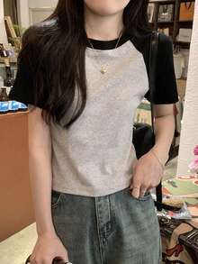 韩版撞色修身短袖T恤，春夏休闲百搭 - 黑色 - 查看 1