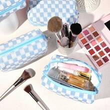Checkered Makeup Bag Preppy Cosmetic Bag Bulk Blue Makeup Pouch Travel Toiletry Bag Organizer Cute Makeup Brushes Storage Bag Women Fashion - 柔白 - 查看 3