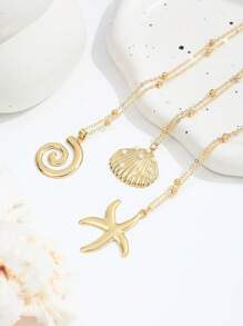 3pcs Ocean Vacation Style Waves, Starfish, Pearl & Shell Decor Multilayer Necklace, Vintage Fashion For Women