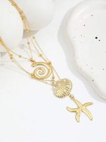 3pcs Ocean Vacation Style Waves, Starfish, Pearl & Shell Decor Multilayer Necklace, Vintage Fashion For Women
