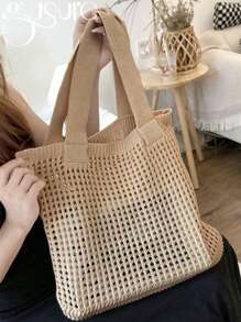 Bolso de hombro de mujer tejido a crochet de estilo minimalista y hueco, con gran capacidad y con hilos gruesos de punto, bolso de malla para compras, bolso de playa y de viaje, bolso bohemio de moda de verano de punto con diseño hueco tejido a mano.