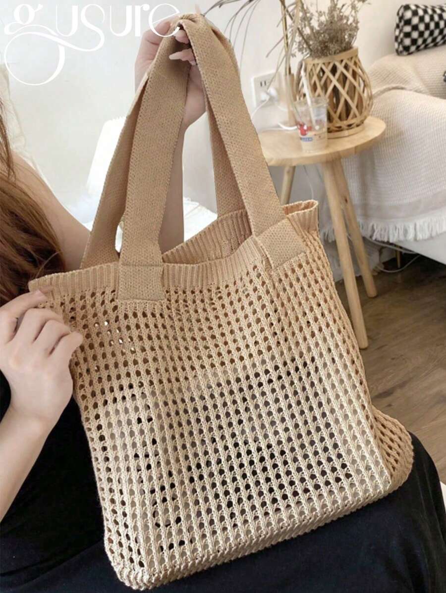 Bolso de hombro de mujer tejido a crochet de estilo minimalista y hueco, con gran capacidad y con hilos gruesos de punto, bolso de malla para compras, bolso de playa y de viaje, bolso bohemio de moda de verano de punto con diseño hueco tejido a mano.