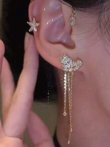 1 pieza Pendientes de clip con borla larga con mariposa y estrella de cristal rhinestone, estilo minimalista y de moda, personalizados, adecuados para uso diario de mujeres, fotografía, regalo de cumpleaños