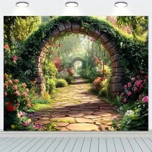 1pc 2D Banner Spring Garden Bridge And Blooming Flowers Wall Decor - Easy Hanging Design, Suitable For Parties And Outdoor Celebrations, Outdoor Garden Decor, No Electricity Required