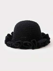 1 pièce Chapeau tricoté unicolore, Bonnet noir, Chapeau à volants rose rouge, Style bohème, Décontracté pour voyager