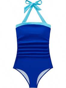 Women Sexy Tummy Control One Piece Swimsuit Halter Retro Bathing Suit - 68 Blue Color Block - View 4