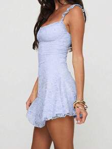 Vestido mini ceñido elegante y de moda con diseño de lazo en los tirantes con volantes y encaje - Morado - Ver 3