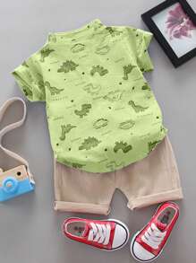 Conjunto de camisa de manga corta con cuello alto y pantalones cortos con estampado de dinosaurios de dibujos animados para bebés y niños pequeños para el verano