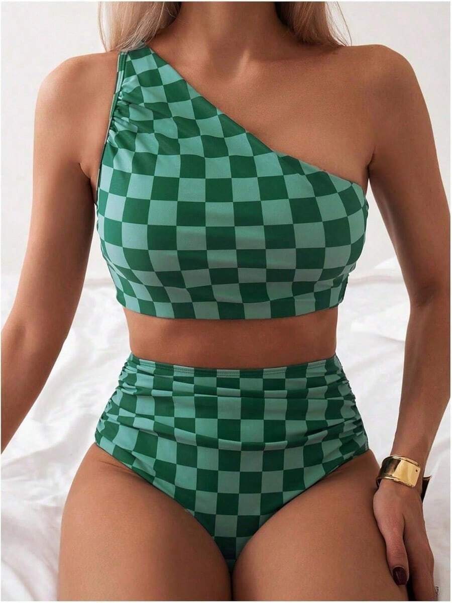 Retro Checkerboard Bikini – Asymmetrical Crop Top & Tummy Control Fit - Green Plaid - View 1