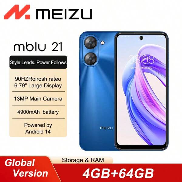 Meizu Mblu 21 4+64G 电池容量 4900mAh 搭载 Android 14 6.79 英寸大屏幕显示屏 13MP 主摄像头 90HZ 自适应刷新率