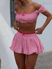 Womens Y2k Gingham Skirts Set Off Shoulder Short Sleeve Tube Tops Ruffle Mini Bubble Skirt Set Summer Going Out Two Piece Outfits - Red - View 4