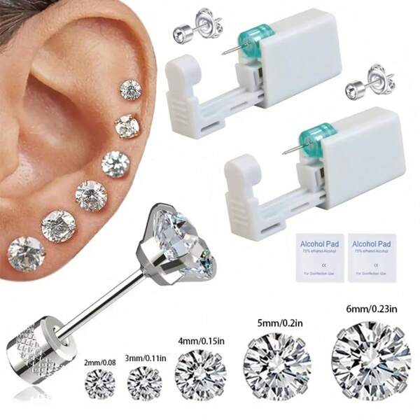 2pcs Ear Piercing Kit Disposable Sterile Ear Piercing Unit With 5pcs Stainless Steel Replacement Stud Earrings For Men Women, Easy-To-Use Stud Gun With Silicone Pad