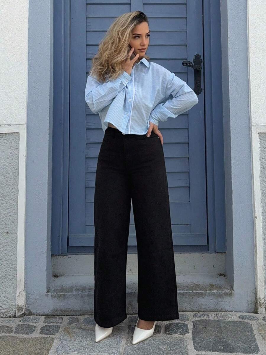 Jeta Ari Quần Jeans Ống Thẳng Baggy Đen Đơn Giản Mặc Hàng Ngày Cho Nữ - màu đen - Xem 1