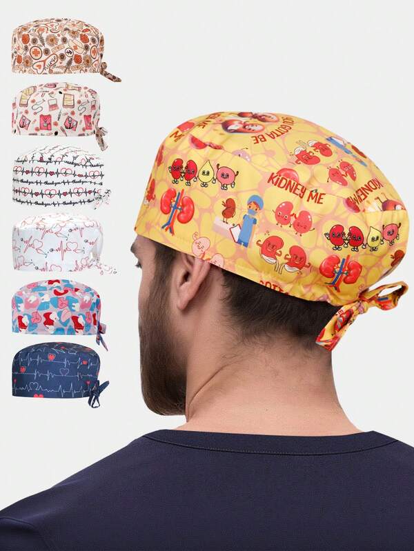 1 pieza Gorro de cirujano ajustable con estampado de corazones de poliéster, adecuado para clínica dental, cabello corto, doctor, farmacia veterinaria, gorros de trabajo para hombres y mujeres