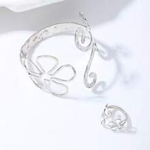 2pcs Fashionable Metallic Hollow Flower Bracelet & Ring Set, Suitable For Daily Wear, Banquet, Party