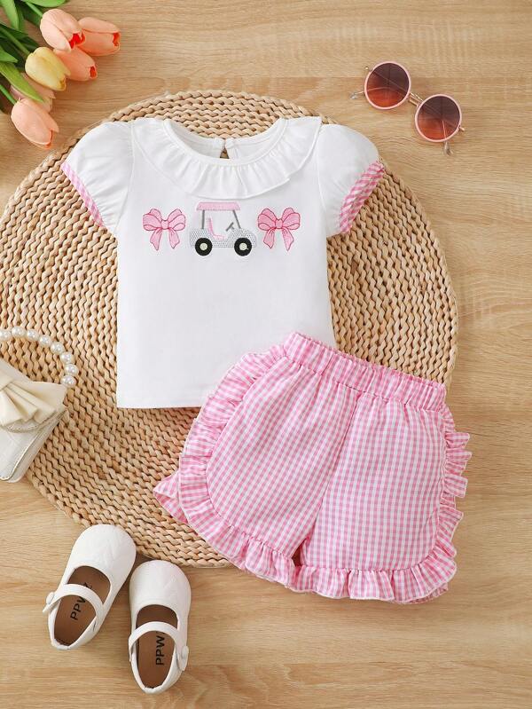 Infant Baby Girls Bowknot Embroidery Blouse Paired With Ruffled Plaid Pants, Cute & Playful Summer Baby Outfit Essential