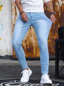 1pc Men Skinny Distressed Denim Jeans, Elastic Breathable Casual Cargo Pants With Pockets, Solid Color Suitable For Urban Walking, Family Outdoor Activities, All Season