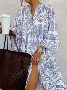 Women's Casual Resort Full Print Flare Sleeve Dress