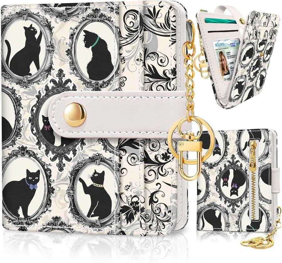Jogjam Black Cat Floral Rfid Women Wallet, Small Slim Thin Credit Card Wallet, PU Leather Bifold Cash Zipper Coin Pocket ID Window For Female Ladies Teen Girls Girly - Vintage Black Cats - View 1