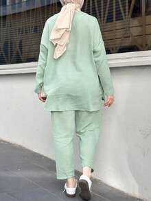 Christmas Loose Casual Middle Eastern Arabic Style Drop Shoulder Solid Color 2 Piece Set Women Outfit, Christmas Outfit, New Year Party Outfit, Elegant Women Suit, Casual Women Set, Holiday Wear, Winter Clothing - Green - View 3