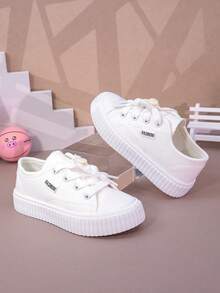 Girls' Canvas Shoes, New Spring/Summer Student Kids White Shoes Thick Bottom Middle/Big Children Sports Shoes Boys/Girls Breathable Casual Sneakers - White - View 2