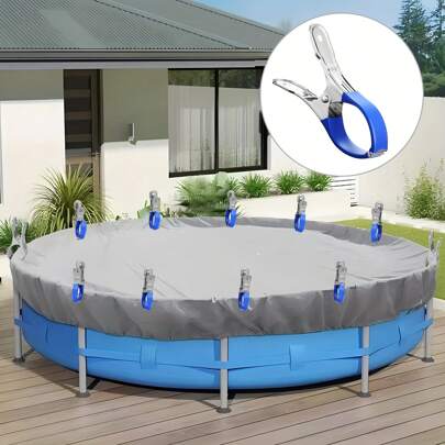 6 clipes de cobertura de piscina de aço inoxidável para serviços pesados com alças de plástico azul - clipes de mola duráveis e à prova de vento para coberturas de piscina em solo , ideais para uso externo, capas de piscina à prova de vento | Acabamento metálico elegante | Clipes de piscina duráveis