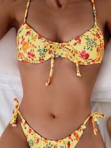 1 套女式两件套比基尼泳衣，带花卉印花和钢圈，时尚性感泳装 - 黃色 - 查看 5