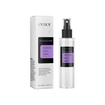 OUHOE 100毫升水杨酸爽肤水，深层清洁，深入毛孔，有效去除杂质和老废角质。提升肌肤光滑度，减少粗糙。增强肌肤透明度，提亮肤色。令肌肤更加柔滑细腻。深入毛孔，长期使用有助于改善肤色不均，使肌肤看起来更加透明透亮，焕发自然光彩。成分温和，易于肌肤吸收，清爽不黏腻，可用作湿面膜。适合作为日常护肤的第一步。