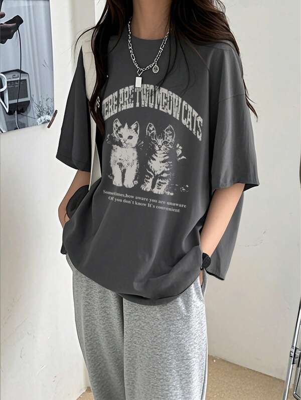Women's Casual Loose Fit Round Neck T-Shirt With Cute Cat & Letter Print, Versatile Short Sleeve Top, Spring/Summer